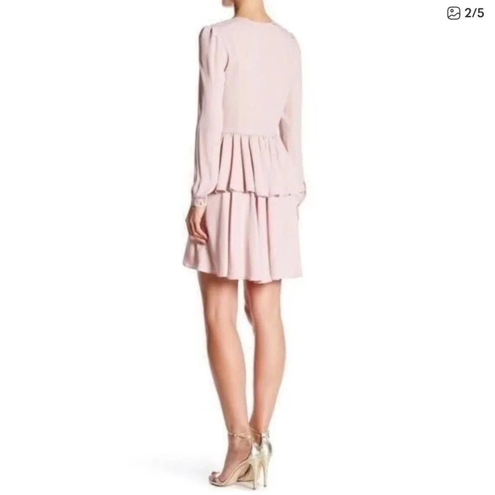 Rebecca Minkoff Jina V‎ Neck Tiered Ruffle Long Sleeve Dress Womens 0 Pale Pink